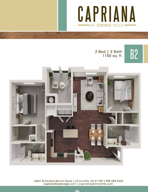 Floor plan for 2 beds, 2 baths, 1150 sqft